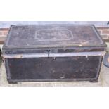 A late 19th century camphorwood and black leather trunk, 42" wide