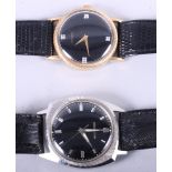A Bulova Accutron stainless steel wristwatch with textured case, back dial and baton numerals, on