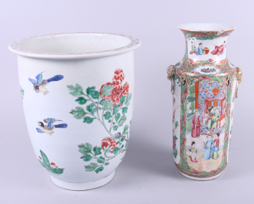 A Canton enamel jardiniere with bird and flower decoration, 10 1/2" high, and a Canton enamel two-