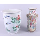 A Canton enamel jardiniere with bird and flower decoration, 10 1/2" high, and a Canton enamel two-