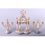 A marble and ormolu clock garniture with white enamel dial marked "A L'Alliance M Chaillou