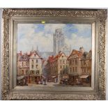 Pierre Le Beuff: oil on canvas, Continental street scene with distant church tower, 19" x 23", in