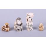 A carved netsuke of a monkey and young, 2" high, and three others