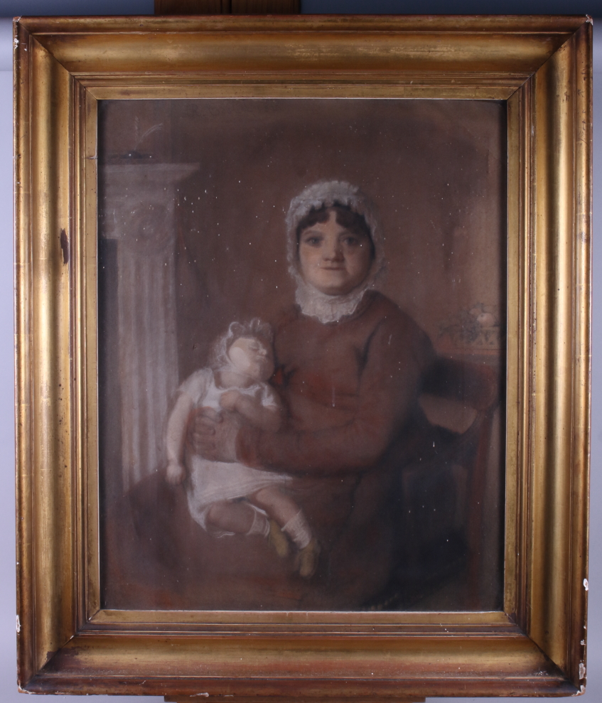 English mid 19th century pastel study of a mother with sleeping child, 24" x 18 1/2", in gilt frame