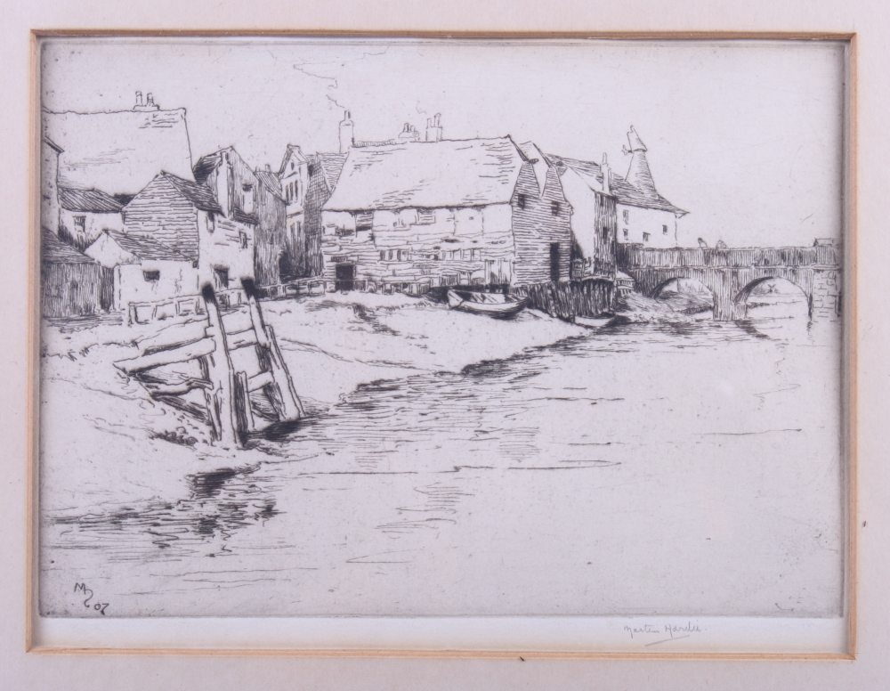 Martin Hardie, '06: a signed etching, Kentish village with bridge and oast house, an aerial view - Image 2 of 5