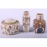 A Royal Copenhagen Baca fajance cube vase with blue and brown decoration, 4 1/2" high, a similar