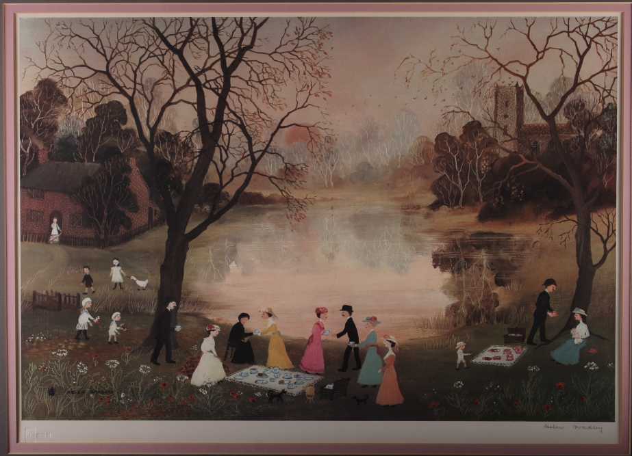 Helen Bradley MBE: a colour print, "Our picnic", with blind stamp, 17” x 23 1/2", in gilt frame