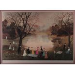 Helen Bradley MBE: a colour print, "Our picnic", with blind stamp, 17” x 23 1/2", in gilt frame