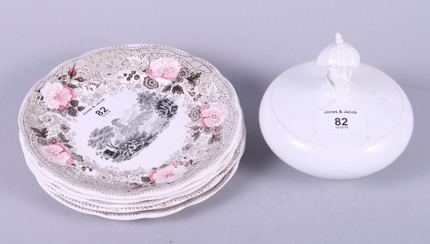 A Vienna porcelain powder bowl and cover, and a set of five Villeroy & Boch landscape decorated