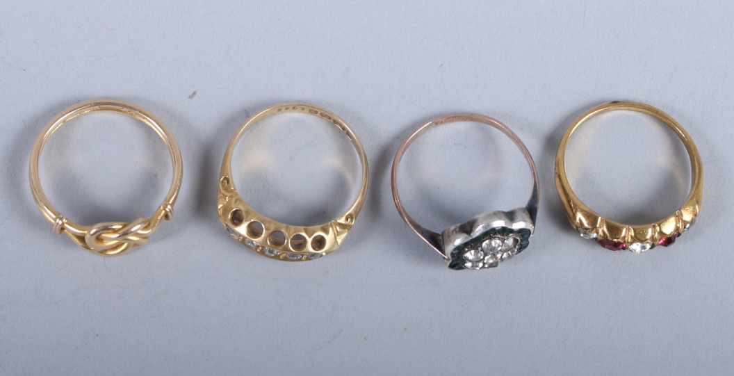 A late 19th century 18ct gold and diamond five stone dress ring, 2.7g, an 18ct gold knot ring, 3g, - Image 2 of 2