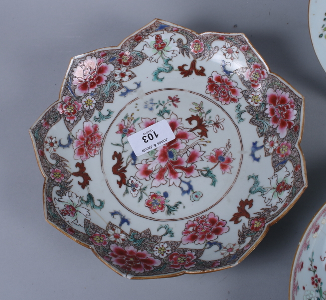 A pair of 19th century lobed dishes, with famille rose floral decoration, and four 19th century - Image 8 of 13
