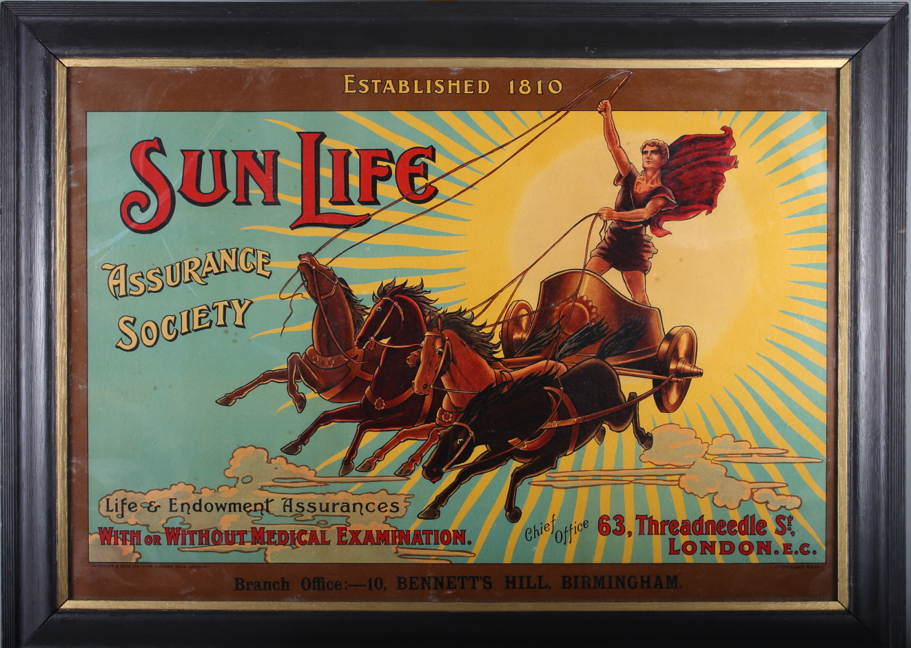 An early 20th century Sun Life Assurance Society poster, in ebonised frame