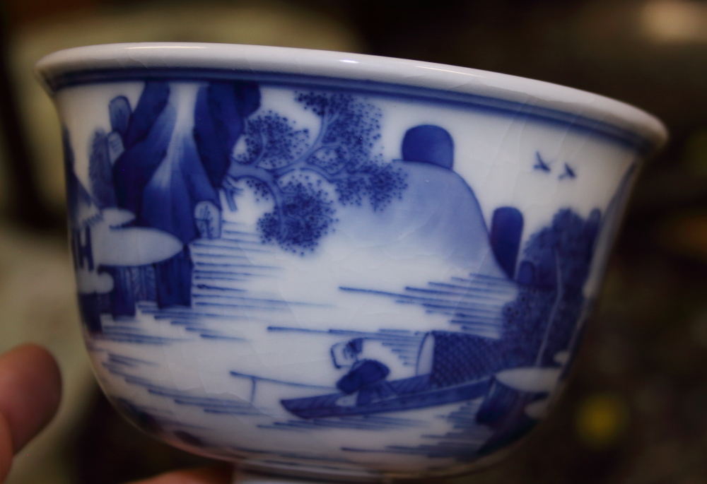 A Chinese porcelain blue and white landscape decorated stem cup, 4 1/2" high, a Kangxi vase, 3 1/ - Image 15 of 21