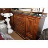 An oak breakfront side cabinet with faux marble top, 60" wide