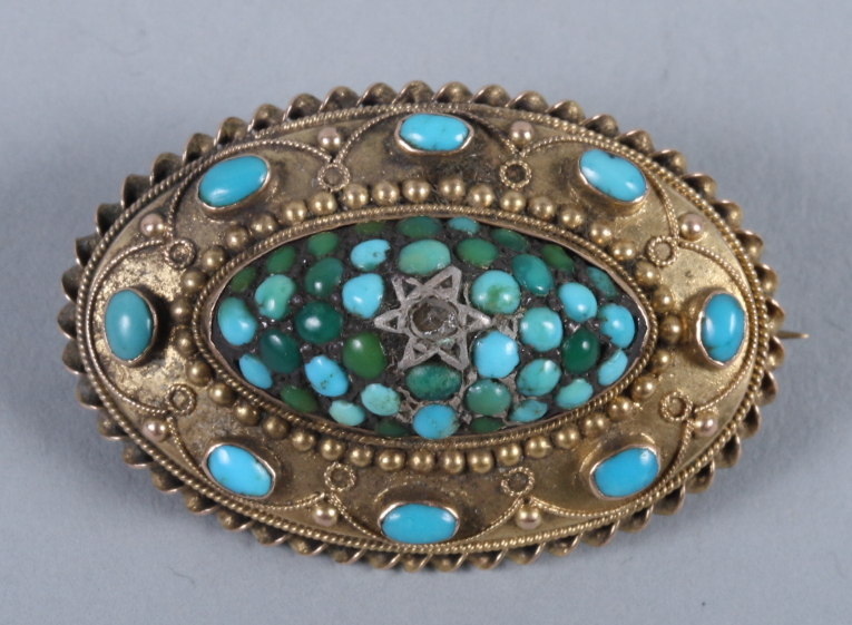 An early Victorian yellow metal Etruscan design oval brooch set with single diamond and turquoise - Image 2 of 4