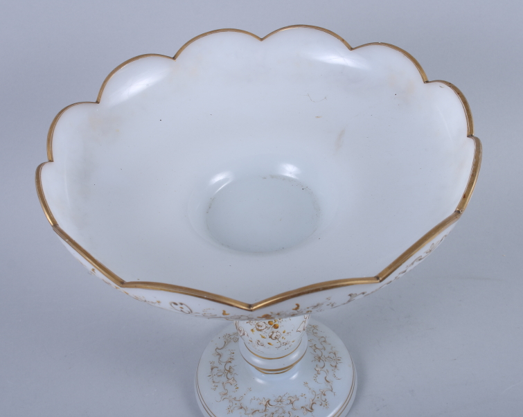 A late 19th century Bohemian milk glass gilt decorated two-piece tazza, 11 1/2" dia - Image 2 of 2