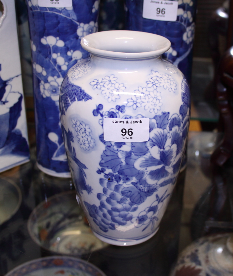 A pair of Chinese porcelain blue and white prunus decorated cylinder vases, 10" high, a floral - Image 8 of 23