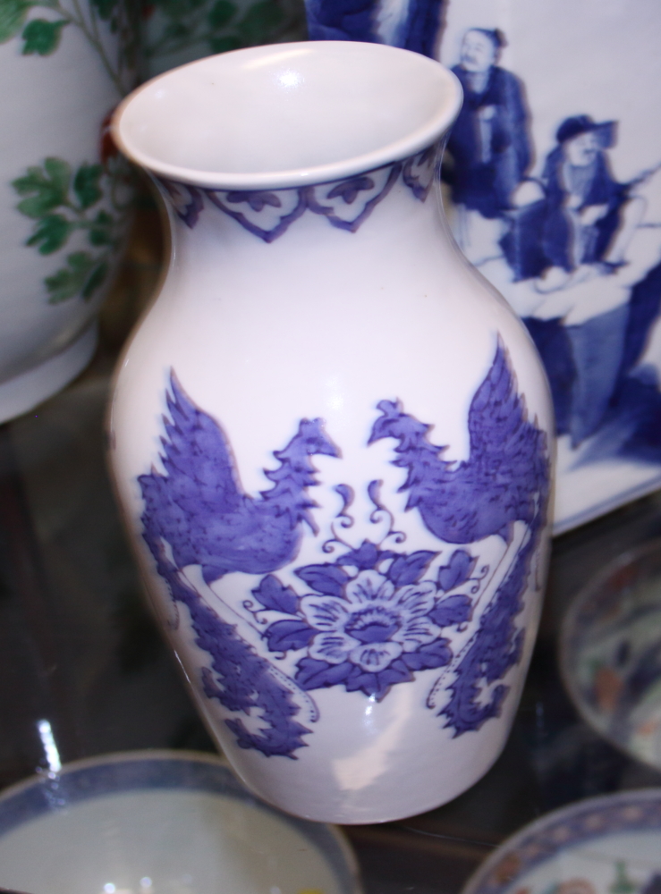 A pair of Chinese porcelain blue and white prunus decorated cylinder vases, 10" high, a floral - Image 13 of 23