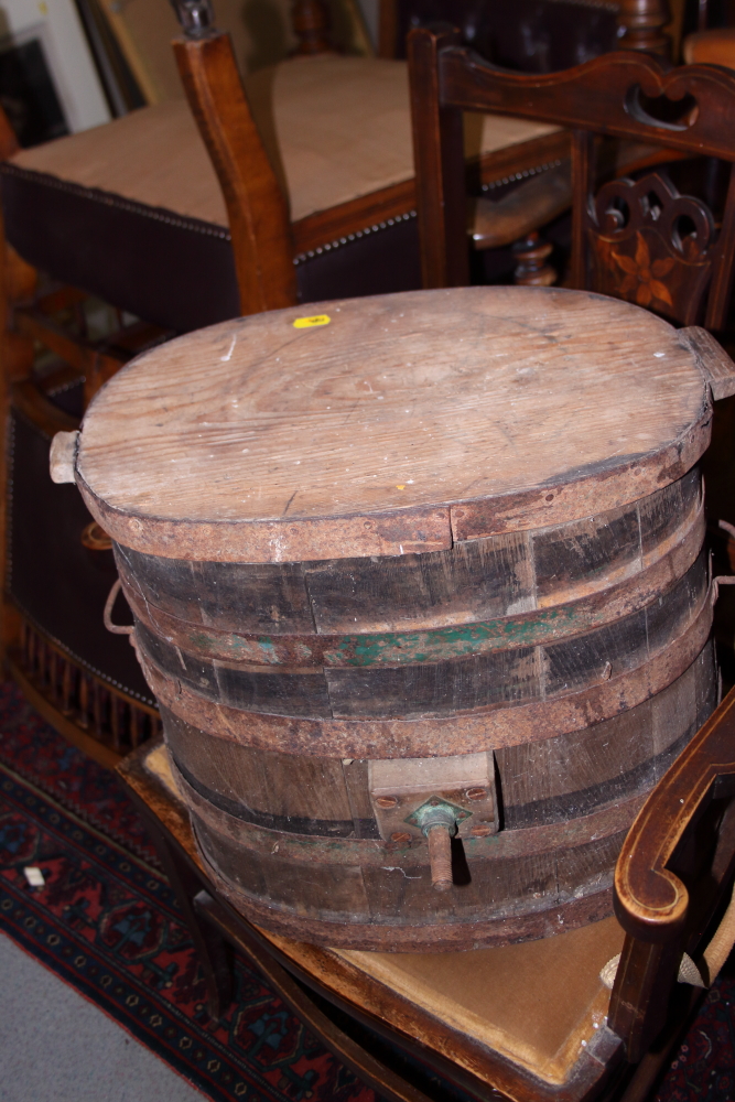 A coopered butter churn and cover, 15" high