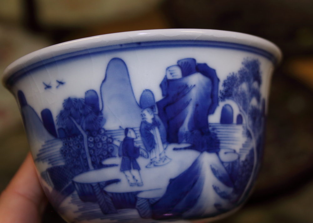 A Chinese porcelain blue and white landscape decorated stem cup, 4 1/2" high, a Kangxi vase, 3 1/ - Image 14 of 21