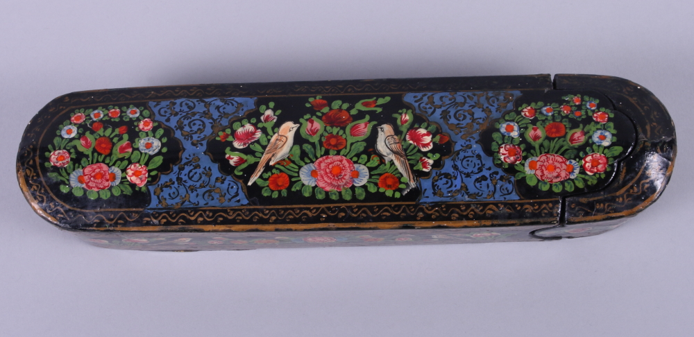 A late 19th century papier-mache Kashmir pen box, hand-painted with bird and floral decoration, 9 - Image 5 of 6