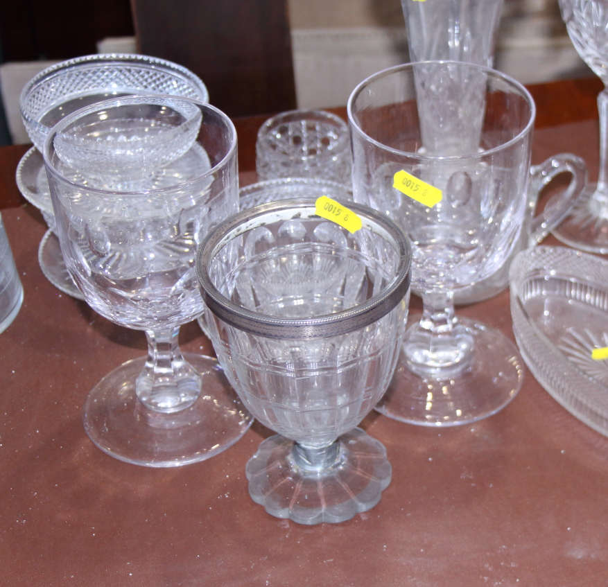 A collection of cut, etched and moulded glassware, including glasses, cake stands, a claret jug, - Image 3 of 3