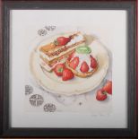 Carolyn Teak?, '92: watercolours, strawberry millefeuille, 8" square, in strip frame