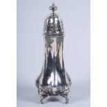 A silver sugar caster with bulbous bottom, on four scrolled supports, 7oz troy approx