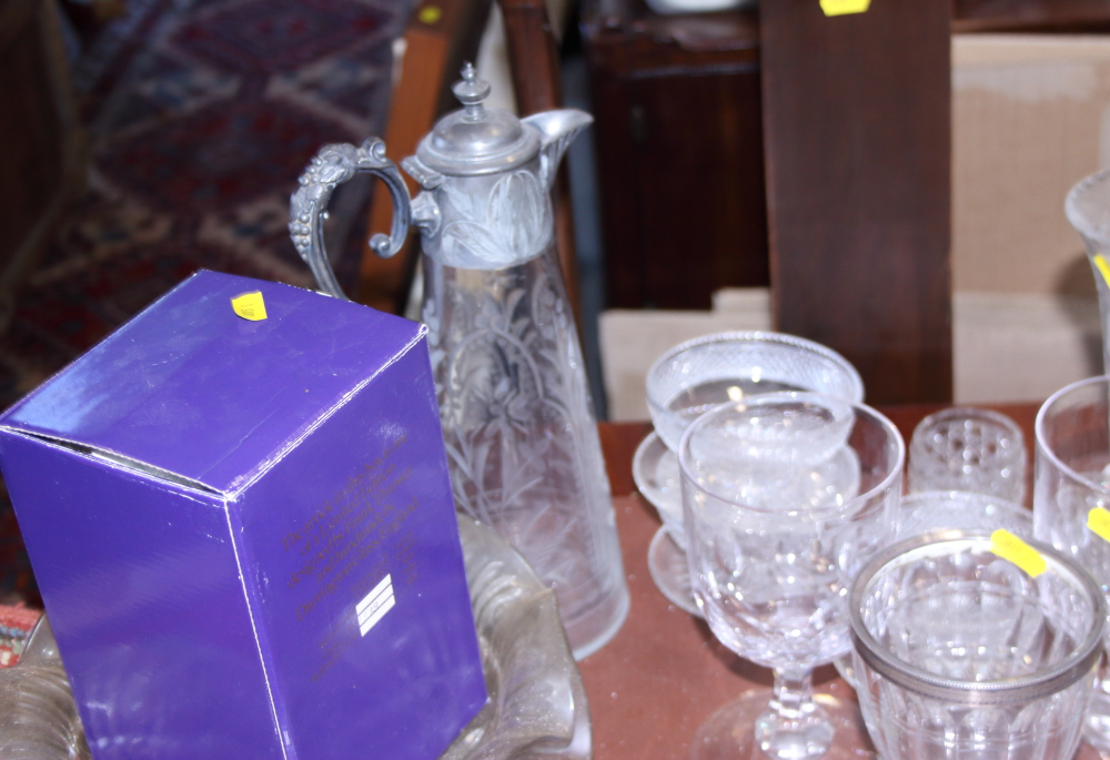 A collection of cut, etched and moulded glassware, including glasses, cake stands, a claret jug, - Image 2 of 3