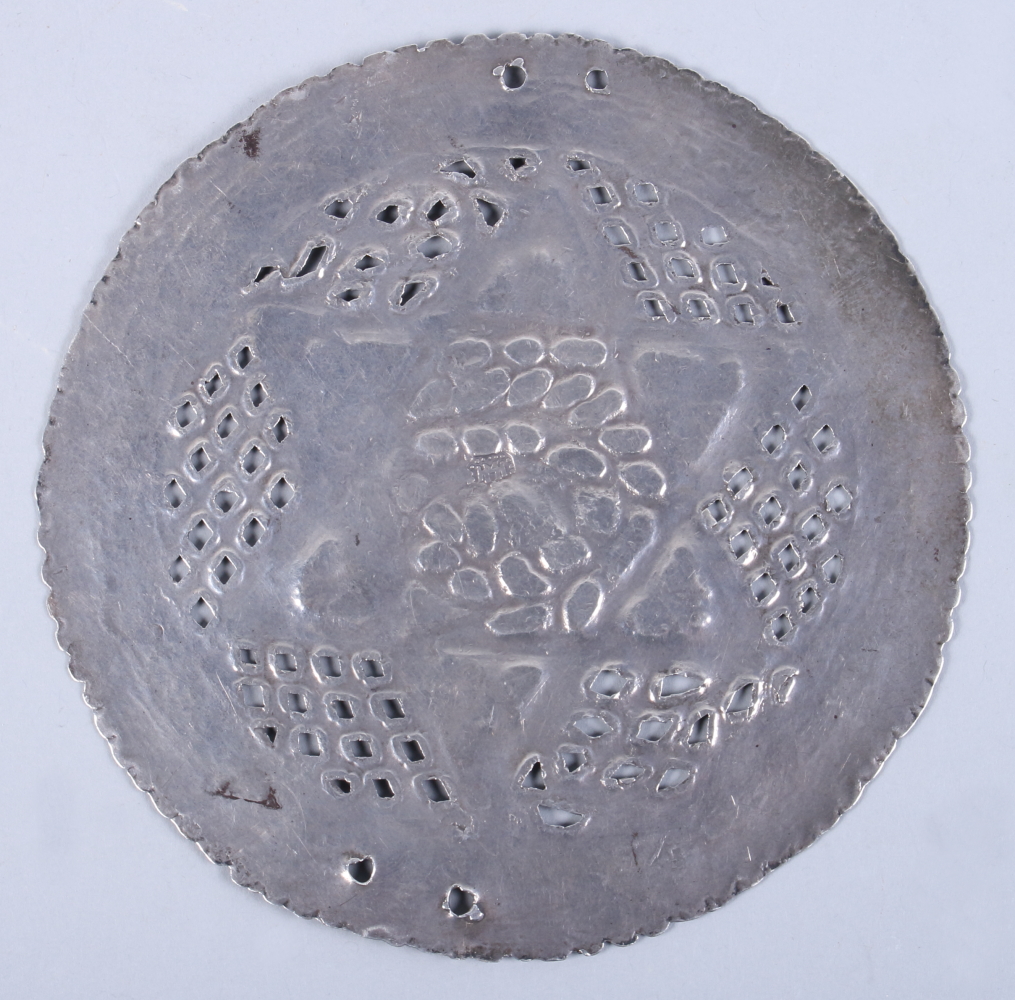 An Eastern white metal disk with pierced and engraved decoration and Star of David, 5 1/2" dia, 3. - Image 2 of 7