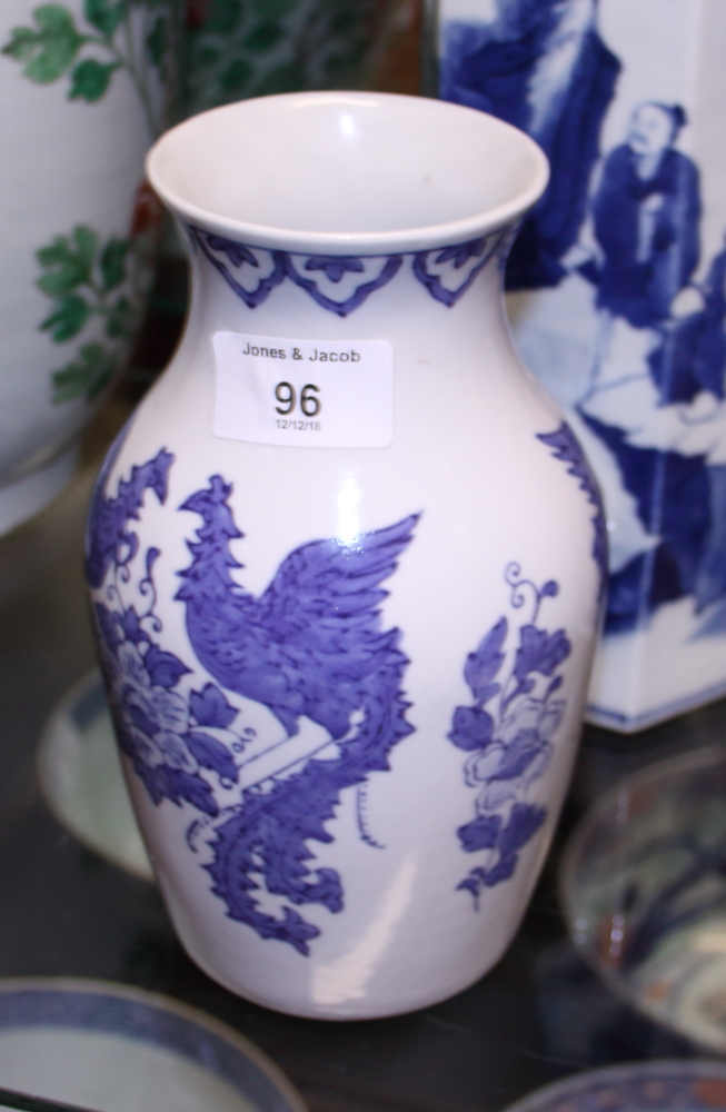 A pair of Chinese porcelain blue and white prunus decorated cylinder vases, 10" high, a floral - Image 12 of 23