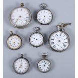 A quantity of silver cased open faced women's and gentlemen's pocket watches, each with black