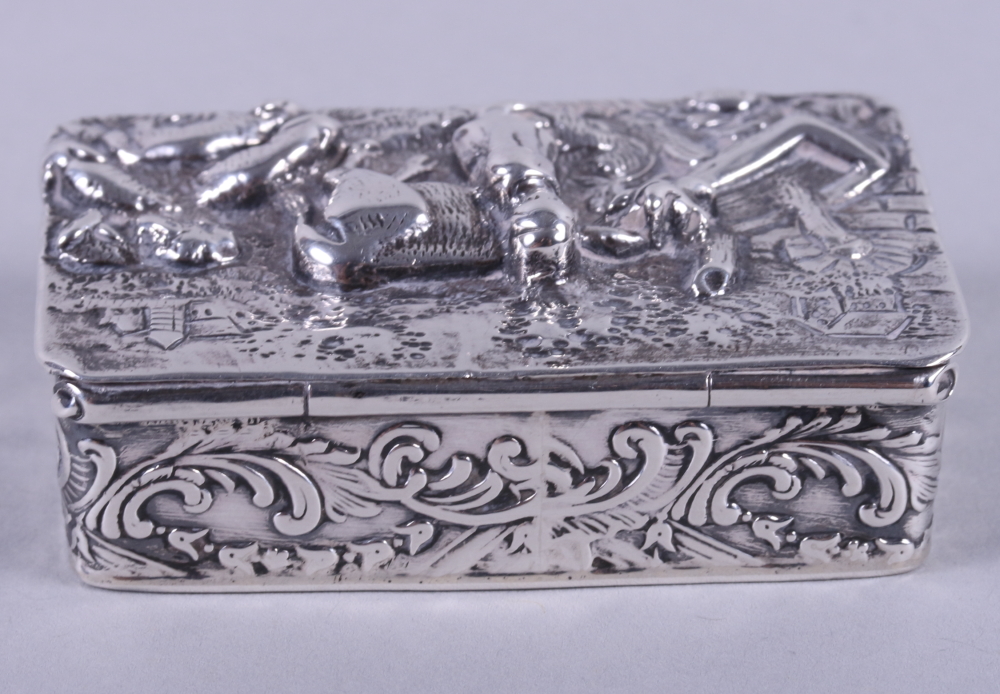 A late 19th century Dutch scroll decorated silver box, embossed a girl with oxen and sheep, 1.5oz - Image 4 of 9