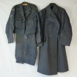 An RAF Officers Great Coat and RAF issue No2 jacket with cloth badge insignia and trousers.