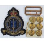 An RAF Fighter Command cloth badge, a set of six RAF buttons and a buckle.