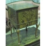 A 1930s walnut work box with lift up flaps and satin interior, single drawer,