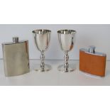 A pair of silver plated goblets within presentation case, together with two hipflasks.