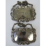 A HM silver 'Sherry' decanter label with shell and leaf pattern border, Sheffield 1972,