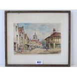 20thC English School, a street scene with figures, watercolour, indistinctly signed, 17cm x 25cm,