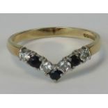 A 9ct gold sapphire and white stone wishbone ring,