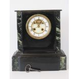 A late Victorian 8-day mantel clock in grey slate and green marble case,