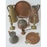 A quantity of metalware to include; brass jug, copper teapot, mould with cockerel design, tray,