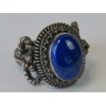 A silver and lapis lazuli ring, heavy rope twist pattern band, stamped 925, size L-M.