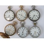 Six pocket watches of mixed origin in silver and gold plated cases.