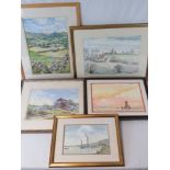 Five assorted contemporary original watercolours of coastal and rural themes. Various sizes.