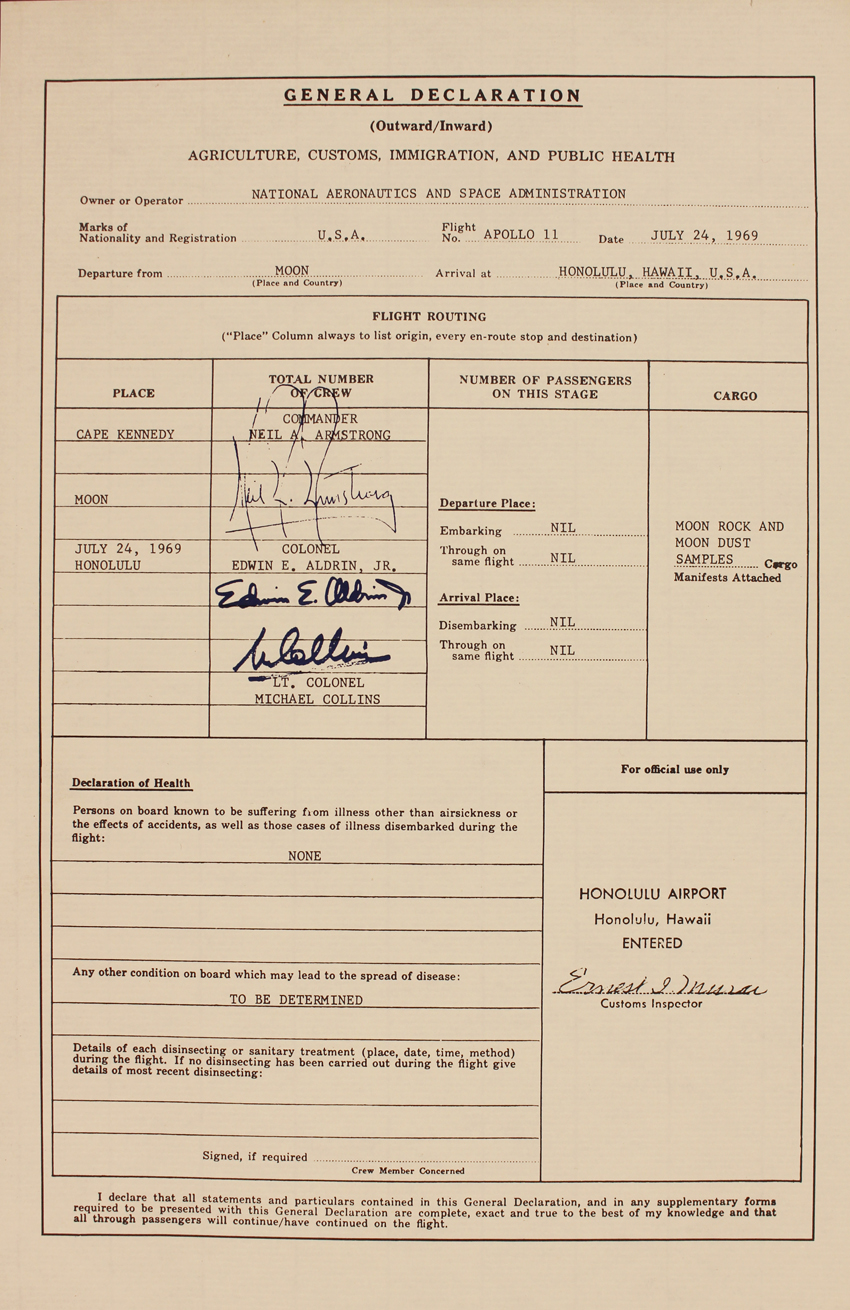 Apollo 11 customs declaration, 22cm x 34cm. SIA.