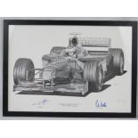 Monochrome print; signed by Jean Alesi and Peter Sauber of Red Bull Sauber Petronas C17, F1 1998,