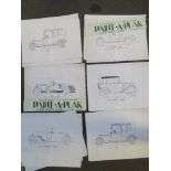 A series of Flee-Wee 'Paint-A-Plak' printed colouring pictures depicting a variety of vintage cars,