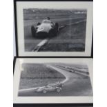 Two framed and glazed black and white pictures; 1957 GP - Fangio,