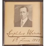 Guglielmo Marconi. Framed photo and 1933 dated autograph, 9cm x 10cm. SIA.